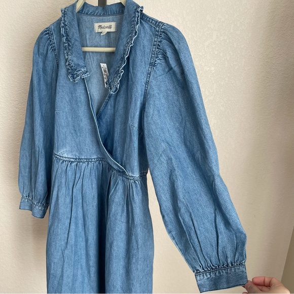 Madewell Ruffle-Collar Faux-Wrap Dress Tencel Denim Edition XXS NWT - Picture 5 of 14